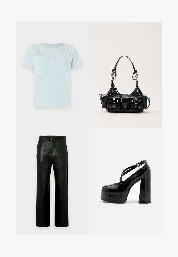 Light blue cotton t-shirt with short sleeves and round neckline, featuring intricate white embroidered design across the chest.; High-waist black leather pants with wide legs, large front patch pockets, and a matching belt with double-ring buckle.; The Kooples CHAUSSURES - High heels - black; Black leather handbag with a curved design, featuring silver studs, a buckle, and two side pockets. Adjustable strap for carrying options.