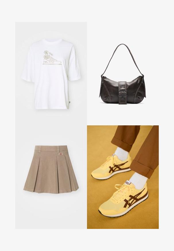 Valge puuvillane T-särk, millel on joonistus tossudest koos karikakardega, lühikesed varrukad ja mugav lõige.; Beez värvi volditud seelik, mis on valmistatud tekstureeritud kangast. Omab vöökohta koos vööaasadega ja logotaskut vasakul ees.; Kollane spordijalatsite paar pruuni aktsentidega, mis on valmistatud võrgust ja kangast, ning millel on nööpide eest sulgemise võimalus ja kummist tald, koos valgete sokkidega.; Pruunist nahast õlakott kumerate joontega, millel on silmapaistev pandla detail, kontrastne õmblus ja üks õlavarre rihm.