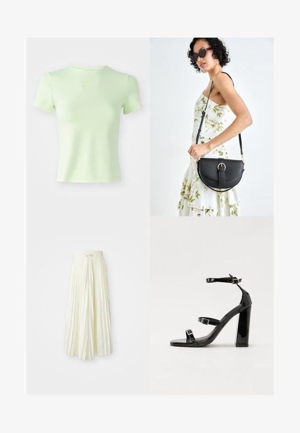 Light green fitted t-shirt made of smooth fabric, featuring a round neckline and short sleeves, with a small Nike logo in neon green.; Pleated midi skirt in light yellow fabric, featuring an elastic waistband with a tie, smooth texture, and vertical stripes for added detail.; Black patent high-heeled sandals with two buckle straps, square toe, and a chunky block heel, featuring a smooth, glossy texture.; Black leather handbag with a curved shape, detachable strap, and gold hardware. The bag features a flap with a buckle detail.