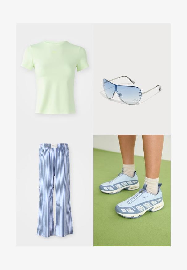 Világoszöld, testhezálló póló sima anyagból, kerek nyakkivágással és rövid ujjal, neonzöld Nike logóval a mellrészen.; Kék és fehér csíkos, laza fazonú nadrág, könnyű anyagból készült, rugalmas derékpánttal és diszkrét logócímkével.; Világoskék sportcipők fehér díszítéssel, texturált panelek és cipzáras záródás. Jellemzője a látható légpárnás talp és a gumitalp.; Pilóta napszemüveg, melynek áttetsző kék lencséje, ezüst fém kerete és díszes csillag díszítések találhatók a lencsén. Simogató és elegáns dizájn.