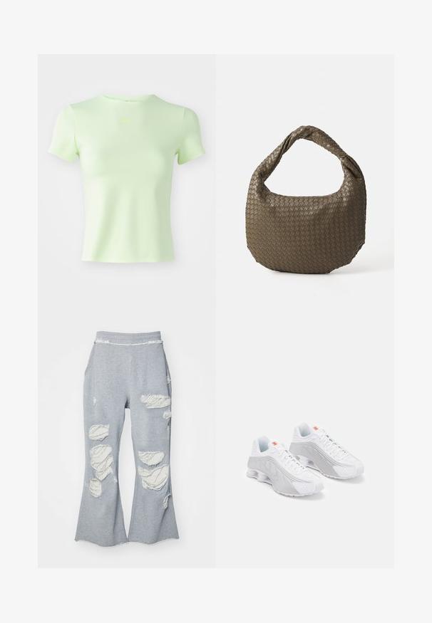Svetlozelené priliehavé tričko z hladkej tkaniny, s okrúhlym výstrihom a krátkymi rukávmi, s malým logom Nike v neonovo zelenej farbe.; Šedé tepláky s rozšíreným strihom nohavíc, ktoré majú viacero roztrhnutí odhaľujúcich svetlejší materiál. Elastický pás pre pohodlie.; Biele bežecké topánky so sivými akcentmi, s textúrovaným zvrškom, perforáciami pre ventiláciu a segmentovanou pätou pre odpruženie.; Tkaná olivovo zelená kabelka s zaobleným tvarom a skrútenou rúčkou. Textúrovaný povrch má diagonálny vzor. Zipsové zapínanie.