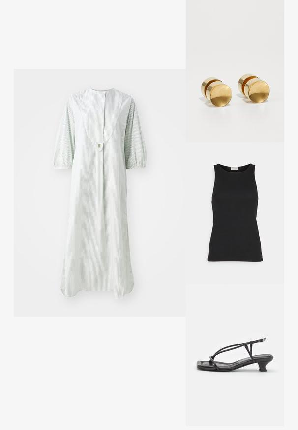 Melnais bez piedurknēm tops, kas izgatavots no gludas, vieglas auduma. Tam ir noapaļots kakla izgriezums un pieguļoša silueta ar minimālām šuvju detaļām.; Svītrainas kleitas gaiši zaļā un baltā krāsā, ar apaļu izgriezumu, īsām puff piedurknēm un pogu aizdari aizmugurē.; Melnas ādas sandales ar plānām siksniņām, zemu blokveida papēdi un kvadrātveida deguniem. Ar sprādzi un gludu tekstūru.; Zeltaini metāla auskari ar vienkāršu apaļu formu, ar gludu apdari un centrālu pulētu joslu. Diametrs aptuveni 1 cm.