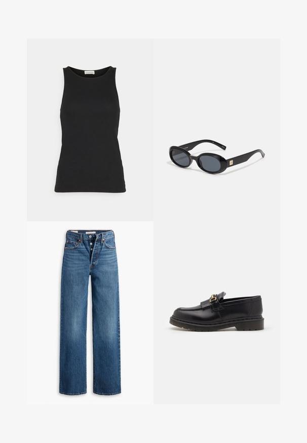 Černý bezrukávový top vyrobený z hladké, lehké tkaniny. Má zaoblený výstřih a přiléhavý střih s minimem švů.; Modré džíny z denimu s širokými nohavicemi, pěti kapsami, zapínáním na knoflík a kontrastním prošíváním. Texturovaná látka s vybledlým povrchem.; Černé kožené mokasíny s kulatou špičkou, dekorativním třásněním a zlatými detaily. Silná gumová podešev pro lepší trakci a odolnost.; Černé oválné sluneční brýle s tmavými skly, lesklým plastovým rámem, širokými stranami a malým zlatým detailem na jedné straně.