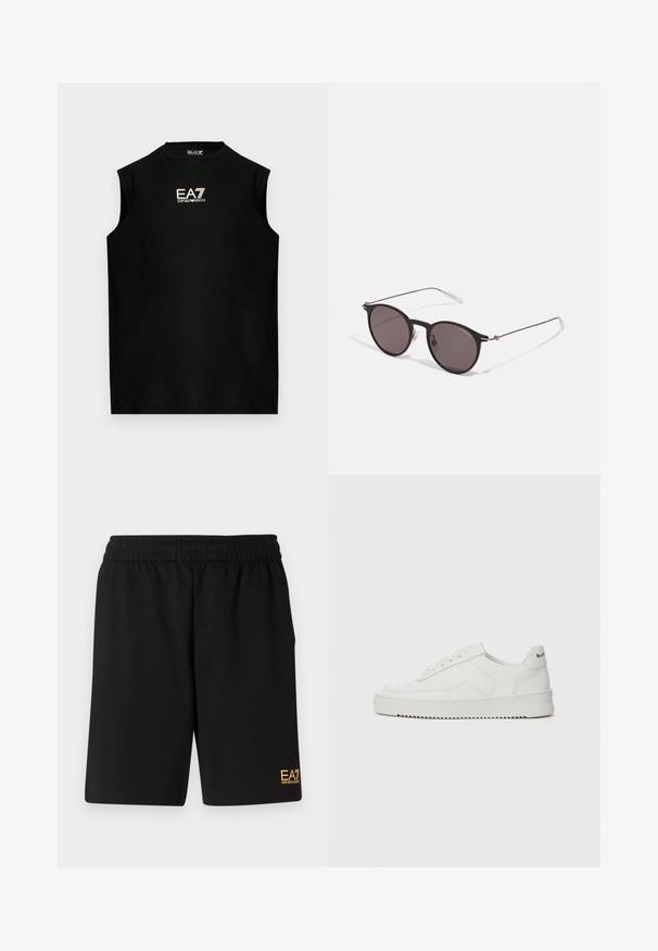 Svart ärmlös tröja av bomull med rund halsringning och ett broderat EA7-logo i guld framtill. Slät yta.; Svarta träningsshorts i mjukt tyg, med ett elastiskt midjeband och en liten gul EA7-logotyp på nedre vänstra benet.; Vita lädersneakers med en jämn yta, rund tå, platta snörningar och en strukturerad sula. Har en diskret logotyp på hälen.; Svarta runda solglasögon med mörka linser och smala metallarmar. Inkluderar klara tempeltips och silverdetaljer vid gångjärnet. Minimalistisk design.