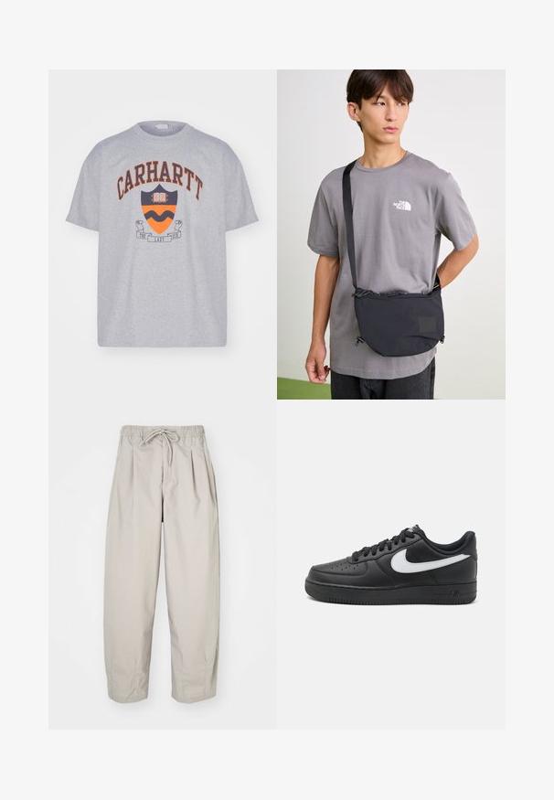 Carhartt WIP LAZY DUCK ACADEMY - Trükipildiga T-särk - grey heather stone washed; Beeži, kerged püksid elastse vöökoha ja nööriga. Omavad voldikuid ja laia istuvust, valmistatud pehmest, siledast kangast.; Mustad mustad Nike Air Force 1 tossud, millel on siledast nahast ülemine osa, valge logoga aktsent, aukudega varvas ja tekstuuriga kummitald.; Must mustriga mustra kott, millel on reguleeritav rihm, joonimise sulgemise ja reljeefse logo detailiga. Kandmine halli t-särgi peal.