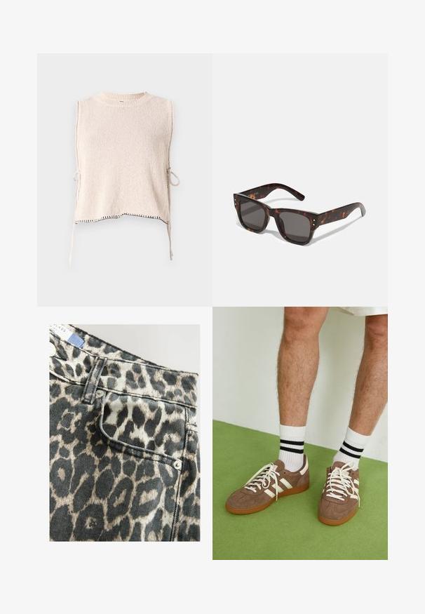 Kudottu ilman hihasia toppi vaaleanbeigessä värissä, pyöreällä kauluksella ja sivusiteillä. Korostaa mustaa ommelta helman varrella. Pehmeä rakenne.; Farkut shorts leopardikuosisella kuosilla, jotka on varustettu säädettävällä vyötäröllä, etutaskulla, musta-beige värimaailmalla, ja viimeistelty hopeisilla nappikiinnityksillä.; Ruske nahkate sneakerit valkoisilla korostuksilla ja nauhoilla. Kumi-gumipohja. Yhdistetty valkoisiin sukkiin, joissa on mustia raitoja. Vihreä teksturoitu lattia.; Laadukkaat kilpikonnakuosiset aurinkolasit, joissa on tummat linssit ja nelikulmainen kehys, jossa on hopeiset korostenapit etuosassa. Valmistettu muovista, kevyet ja kestäviä.; Ruskean kudottu nahkainen käsilaukku, jolla on löysä, kolmiomainen muoto. Varustettu punotulla kahvalla ja vetoketjukiinnityksellä ylhäällä.