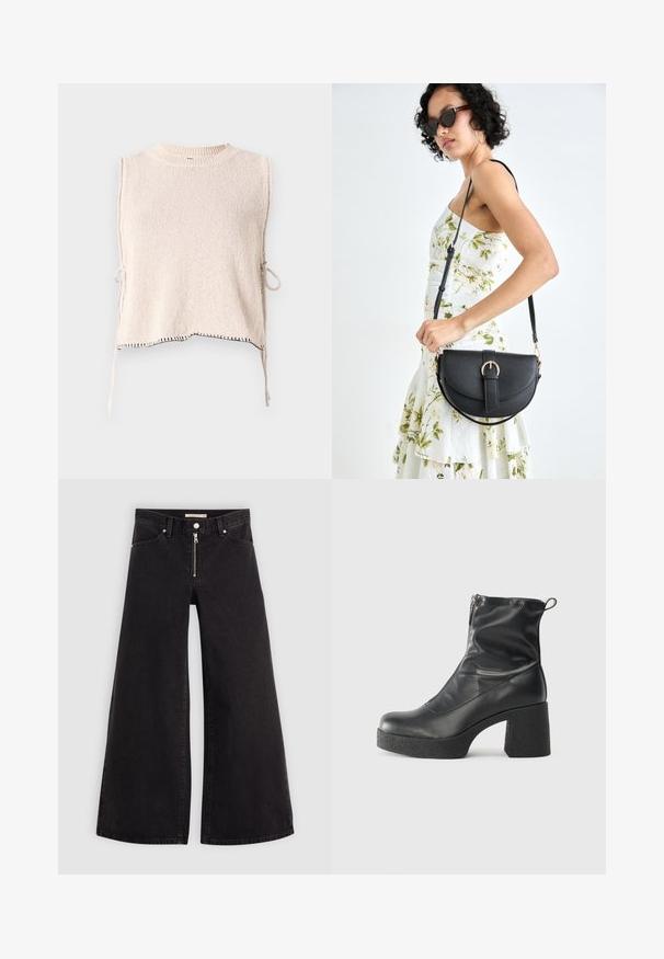 Kraucinė be rankovių palaidinė šviesiai bežinė spalva su apvaliu iškirpimu ir šoninėmis raištelėmis. Yra kontrastingos juodos siūlės iškirpimo krašte. Minkšta tekstūra.; Plačios kojų džinsai iš juodo džinsinio audinio su užtrauktuku priekyje, penkių kišenių dizainu ir subtiliais siuvinėjimo akcentais. Lygus paviršius ir laisvalaikio stilius.; Juodos kulkšninių botai, pagaminti iš lygaus odos, su šoniniu užtrauktuku, masyviu tekstūruotu kulnu ir apvaliu pirštu.; Juodas odinis krepšys su išlenkta forma, nuimamu dirželiu ir auksiniais detalėmis. Krepšys turi kilpą su sagtimi.