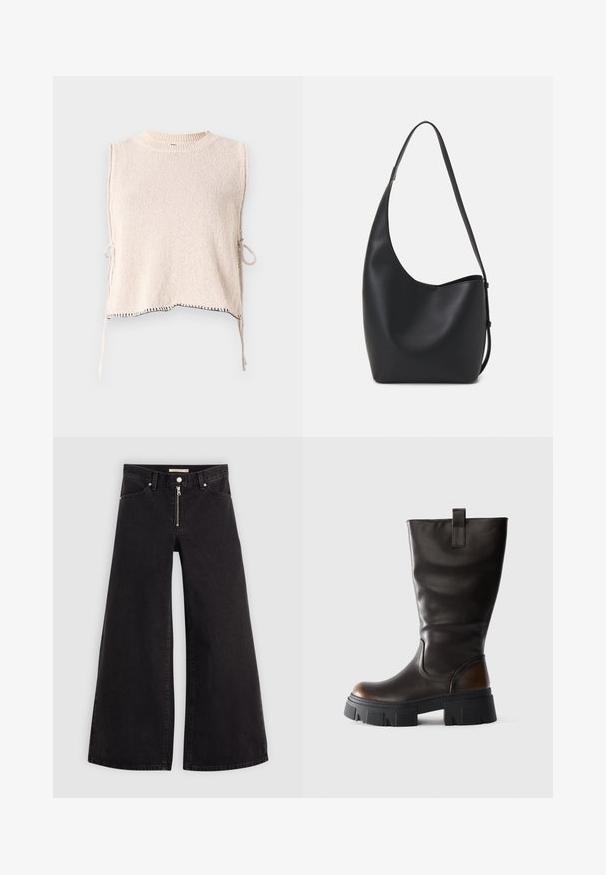 Top sem mangas em bege claro, com decote redondo e laços nas laterais. Apresenta costura preta contrastante ao longo da bainha. Textura suave.; Calças de ganga de perna larga em denim preto com fecho éclair à frente, design de cinco bolsos e detalhes de costura subtil. Textura suave e estilo casual.; Bota alta de couro preto com sola plataforma grossa preta e detalhe castanho no calcanhar, vista lateral em fundo cinza claro.; Saco hobo preto em pele com uma textura lisa, forma curva e uma única alça ajustável; apresenta uma abertura larga na parte de cima.