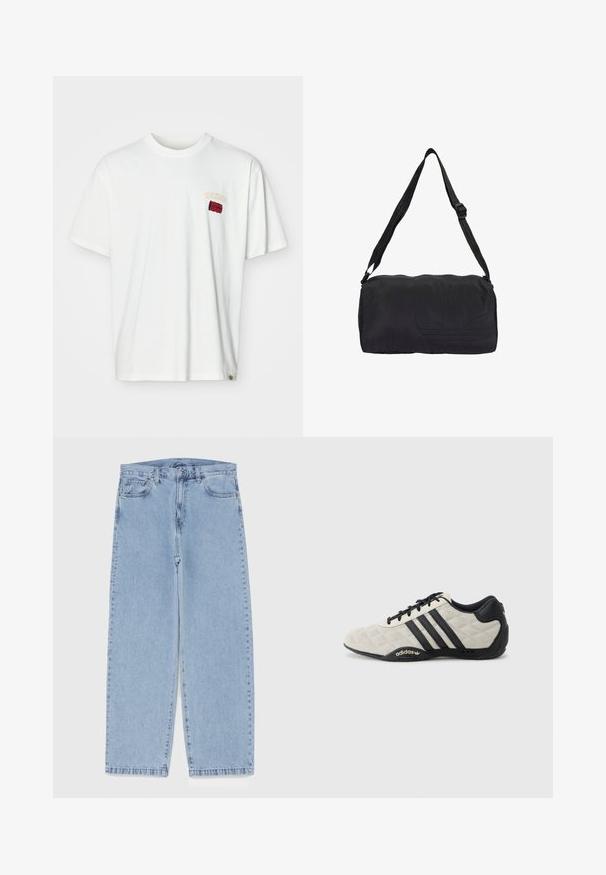 White cotton t-shirt with short sleeves, featuring a small embroidered logo in red and yellow near the left chest. Round neckline and relaxed fit.; Light blue denim jeans with straight leg design, featuring a mid-rise waist, five pockets, and a button and zipper closure.; Adidas sports shoe with a textured, light gray upper and black leather accents. Features black three-stripe logo and cushioned sole.; Black duffle bag made of durable fabric, featuring a textured logo design, adjustable strap, and zippered closure. Compact cylindrical shape.