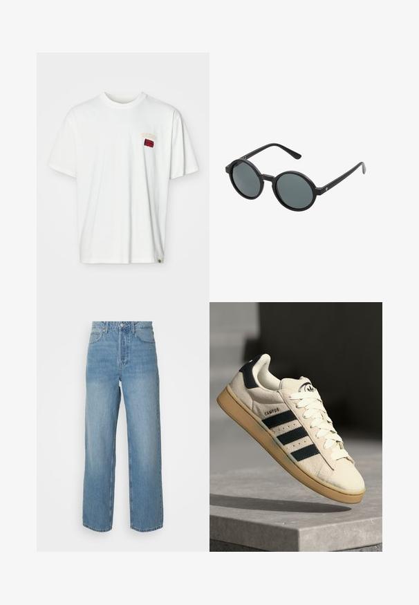 Vit bomulls t-shirt med korta ärmar, försedd med en liten broderad logotyp i röd och gul nära vänster bröst. Rund halsringning och avslappnad passform.; Höga ljusblå denimjeans med raka ben, knappstängning fram och femficksdesign på enfärgad bakgrund.; Beige mockaskor med tre mörkblå ränder, vita skosnören och en tan-färgad gummisula. Har en logotyp på tungan och texten "CAMPUS".; Runda solglasögon med en svart plastbåge och mörkgrå linser. Har tunna, raka skalmar med minimalistiska detaljer.