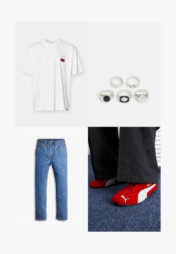 Bela bombažna majica s kratkimi rokavi, ki ima majhen vezen logotip v rdeči in rumeni barvi blizu levega prsnega dela. Okrogla izreza in sproščen kroj.; Modri traper hlače s ravnim krojem, ki imajo pet žepov, zapiranje na gumb in oranžne šive na čisti beli podlagi.; Rdeče semiš tene z belimi detajli, ki imajo teksturiran material, okroglo špico in zlat logotip na strani, nosene z črnimi hlačami.; Pet srebrne prstane: eden s črnim krožnim detajlom, eden z belim in črnim geometričnim vzorcem ter ostali z različnimi oblikami in finiši.