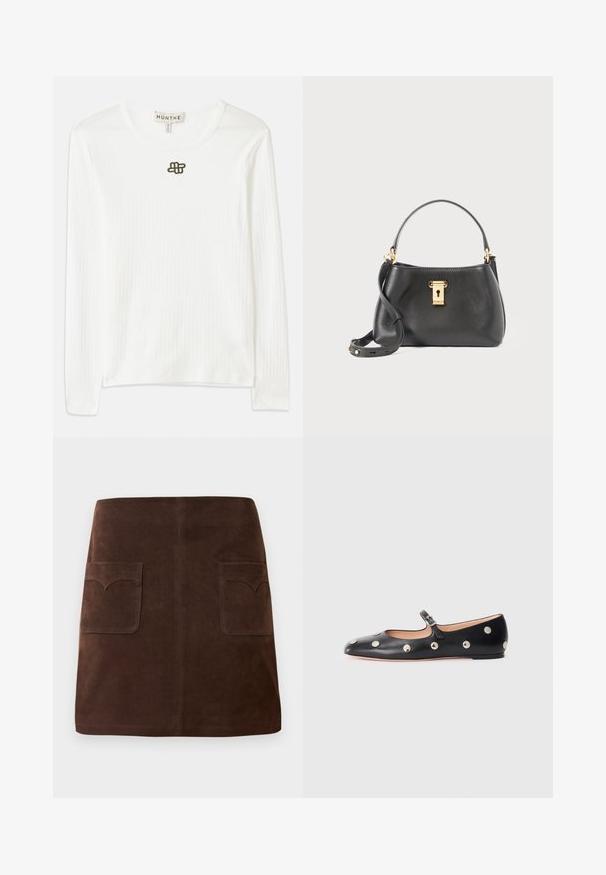 Langärmliges weißes geripptes Shirt aus weichem Stoff, mit einem runden Halsausschnitt und einem kleinen dunklen gestickten Logo auf der Brust.; Brauer Wildlederrock im klassischen A-Linien-Schnitt, mit zwei vorderen Taschen mit abgerundeten Klappen und dezenten Nähten.; Schwarze Leder-Mary-Jane-Ballenflats mit runder Zehenform, ausgestattet mit silbernen runden Nieten und einem verstellbaren Riemen mit Schnalle.; Schwarze Lederhandtasche mit strukturiertem Finish, mit einem goldenen Schlossverschluss, kurzen Tragriemen und einem abnehmbaren Schulterriemen.