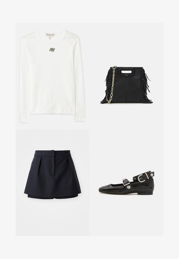 Wit geribbelde shirt met lange mouwen, gemaakt van zachte stof, met een ronde halslijn en een klein donker geborduurd logo op de borst.; Marineblauwe geplooide shorts met een hoge taille, gemaakt van een soepele stof. Heeft een getailleerd ontwerp en een verborgen voorkeurszak.; Zwarte gepatineerde leren platte schoen met een vierkante neus, enkelband met zilverkleurige hardware en platte zool. Gladde textuur met minimalistisch ontwerp.; Zwarte leren handtas met franjes, gouden schouderband van schakels en een uitsnijding in de handgreep. Heeft het logo prominent aan de voorkant.