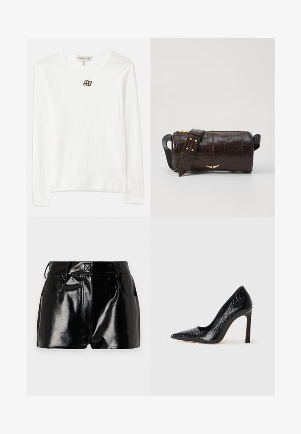 Duga bijela majica s rebrastim uzorkom, izrađena od mekog materijala, s okruglim izrezom i malim tamnim izvezenim logotipom na prsima.; Crne, sjajne kratke hlače napravljene od sintetičkog materijala. Imaju uski pojas, petljice za pojas i prednje džepove sa istaknutim detaljima šivanja.; Crne visoke potpetice s oštrim prstima, od teksture krokodilske kože, elegantnog dizajna, visoke stiletto potpetice i glatkog crnog unutrašnjosti.; Smeđa torba od kože s embosiranim krokodilskim uzorkom, cilindričnog oblika, zlatne hardverske detalje i odvojivu naramenicu sa čavlima.