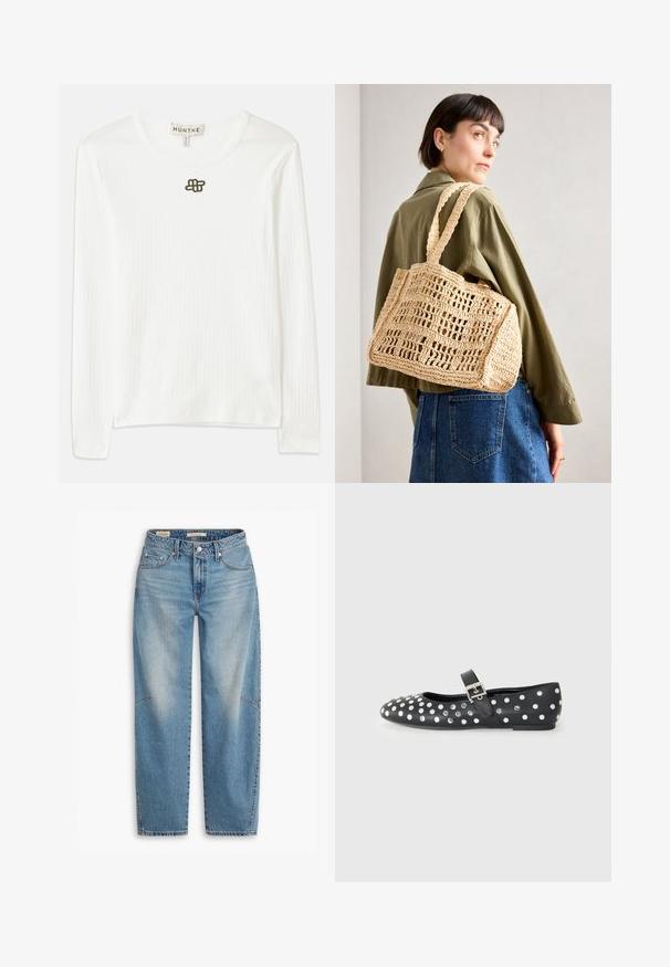 Pitkähihaisia valkoisia ribbitekstuuri-paitoja, jotka on valmistettu pehmeästä kankaasta. Paita on pyöreällä kaula-aukolla ja rintassa on pieni tumma brodeerauslogo.; Vaaleansiniset korkeavyötäröiset farkut, joissa on suora lahje, klassinen viisi taskua -tyyli ja hillitty haalistuminen etupaneeleissa.; Musta nahkakengät tasapohjalla, pyöreällä kärjellä, hopeisilla niiteillä pistekuviossa ja solkivetoketjulla jalan päällä.; Vaalea kudottu vyyhtilaukku, jossa on suorakulmainen muoto, kaksi leveää kahvaa ja avoin verkkokuvio. Suunnittelussa on käytetty teksturoitua kangasta sekä tilava sisäosa.