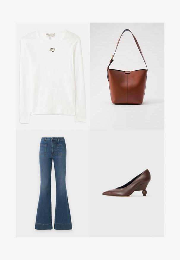 Long-sleeve white ribbed shirt made of soft fabric, featuring a round neckline and a small dark embroidered logo on the chest.; Flared blue jeans in a medium wash, featuring a high waist, five pockets, and slight fading around the knees and thighs.; Brown leather wedge pump with a pointed toe and a rounded, ball-shaped heel. Smooth texture with a simple design and minimal accents.; Brown leather shoulder bag with a curved shape, smooth texture, and a single thin strap. Features a subtle seam and a small logo detail.