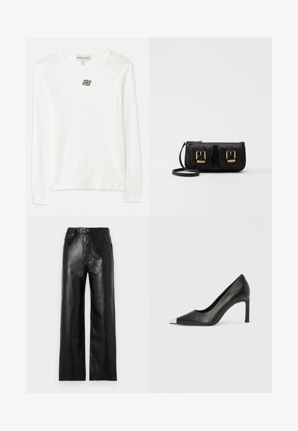 Langärmliges weißes geripptes Shirt aus weichem Stoff, mit einem runden Halsausschnitt und einem kleinen dunklen gestickten Logo auf der Brust.; Schwarze Lederhose mit weitem Bein und glänzendem Finish, ausgestattet mit Vordertaschen, Reißverschluss und Knopfverschluss. Glatte Textur über die gesamte Fläche.; Schwarzer Lederschuh mit hohem Absatz, spitz zulaufender Zehenpartie und metallischer silberner Spitze. Verfügt über eine glatte Oberfläche und einen schlanken 10 cm hohen Absatz.; Schwarze Leder-Umhängetasche mit zwei vorderen Taschen, goldenen Schnallen, Reißverschluss und einem schmalen Tragegurt. Texturierte Oberfläche und kompakte rechteckige Form.