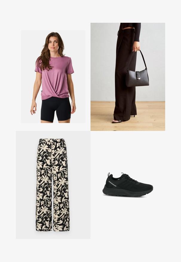 Lyserød t-shirt med korte ærmer og et snoet design foran, blødt stof, rund halsudskæring, parret med sorte cykelshorts.; Sorte vide bukser med et mønster af cremefarvede blomster. Lavet af letvægtsstof, som har en glat tekstur og en høj talje.; Sort sportsko med en struktureret overdel, netpaneler og en polstret sål. Har snørebånd og en løkke ved hælen for nem påtagning.; Sort håndtaske med struktureret form, glat overflade og metalspænde. Sammen med brede sorte bukser og sandaler med åben tå på trægulv.