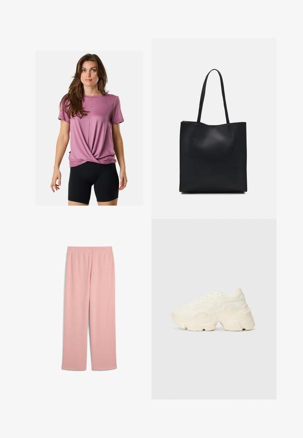 T-shirt rosa a maniche corte con design torcigliato sul davanti, in tessuto morbido, collo a giro, abbinato a pantaloni ciclistici neri.; Pantaloni larghi di un rosa chiaro con una cintura elastica. Tessuto liscio e elastico senza motivi o dettagli visibili.; Sneakers bianchi chunky realizzati in mesh testurizzato e materiali sintetici, dotati di una suola spessa e dettagli con motivi intricati lungo i lati.; Borsa tote in pelle nera con texture liscia, forma rettangolare e due manici lunghi. Nessun hardware o decorazione visibile.