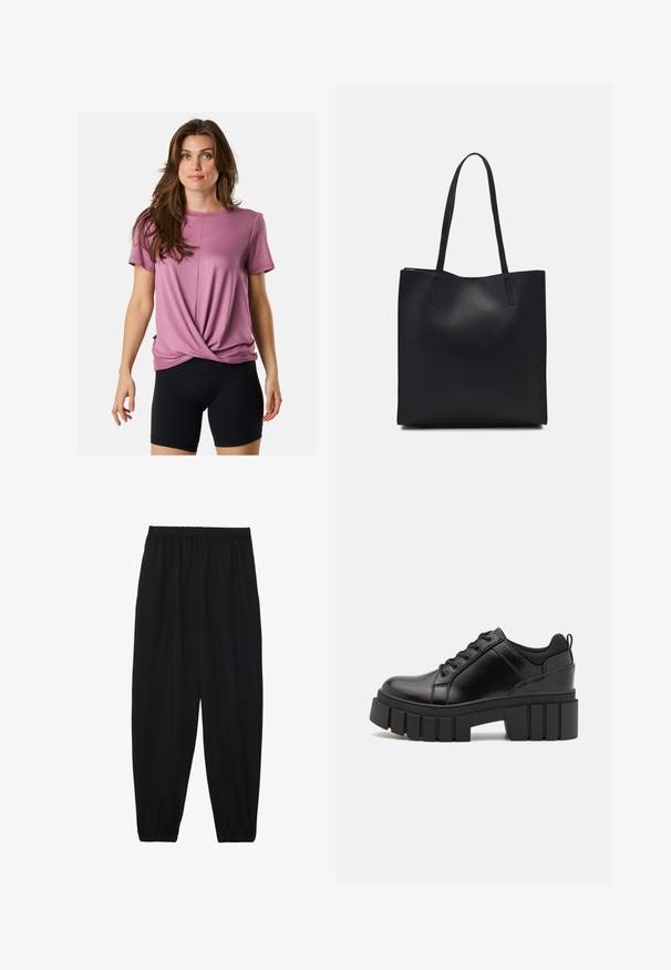 Różowa koszulka z krótkim rękawem z przekręconym wzorem z przodu, wykonana z miękkiego materiału, z okrągłym dekoltem, w połączeniu z czarnymi szortami kolarskimi.; Czarne, lekkie spodnie z elastycznym pasem i ściągaczami na kostkach. Materiał jest gładki i ma luźny, zwężany krój.; Czarne skórzane buty na platformie z masywnym słupkowym obcasem, okrągłym noskiem i klasycznym sznurowaniem. Posiadają gładką teksturę i minimalne wykończenia.; Czarna skórzana torba tote o gładkiej fakturze, prostokątnym kształcie i dwóch długich uchwytach. Brak widocznych elementów metalowych i ozdób.