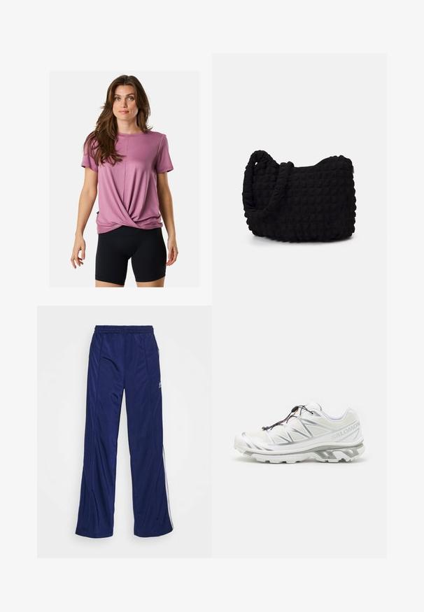 Rosa T-Shirt mit kurzen Ärmeln und gedrehter Gestaltung vorne, aus weichem Stoff, Rundhalsausschnitt, kombiniert mit schwarzen Radhosen.; Marineblaue Sporthose mit elastischem Bund, geraden Beinen und seitlichen Reißverschlüssen. Mit weißen Paspeln an den Seiten. Glatte Stoffstruktur.; Weißer Sportschuh mit strukturiertem Obermaterial, reflektierenden Akzenten und grauer Sohle. Verfügt über betonte dreieckige Muster und ein Schnellschnürsystem.; Schwarze Stofftasche mit einer strukturierten, gesteppten Oberfläche. Abgerundete Form, kurze, dicke Griffe und eine weiche, flexible Struktur.