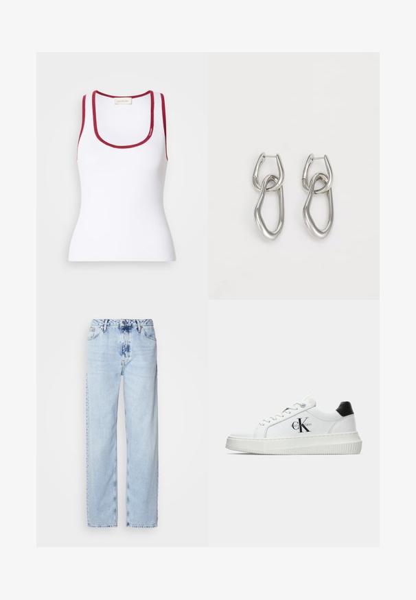 Valge sobiv t-särk, mis on valmistatud ribakudumist, ümmarguse kaelusega, mille ääres on punased aktsendid. Calvin Kleini logo detail on lisatud.; Heledad sinise värvi laiad teksad, mis on valmistatud denimist, kõrge vöökoht, pleekinud pesu ja peen tie-dye muster ettepoole.; Valge madalate sokkidega jooksutoss, millel on must konts, platvormi tallad, paelad ja Calvin Kleini "CK" logo küljel.; Calvin Klein STATEMENT LINKS - Kõrvarõngad - silver-coloured