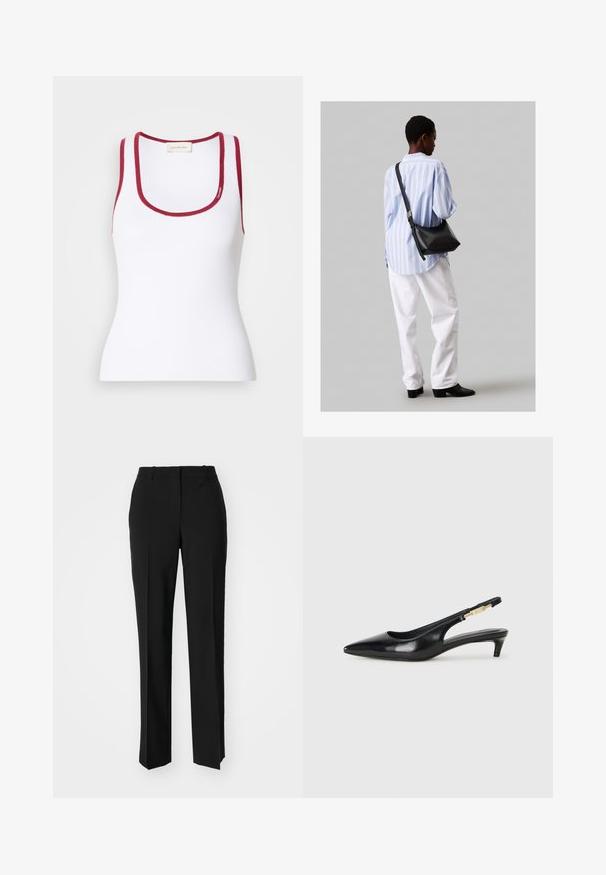 Valge sobiv t-särk, mis on valmistatud ribakudumist, ümmarguse kaelusega, mille ääres on punased aktsendid. Calvin Kleini logo detail on lisatud.; Mustad ja sirged püksid, millel on sile tekstuur ja teravad voldid esiosas. Ilma nähtavate detailideta.; Mustad nahast slingback kontsad terava ninaga, millel on õhuke konts ja kuldse tooni aktsent reguleeritaval rihmal. Sile tekstuur.; Must have mustras alasi nahkpatsi, pehme tekstuuriga, kolmnurkse kujuga ja reguleeritava rihmaga, koos helesinise triibulise särgi ja valgete pükstega.
