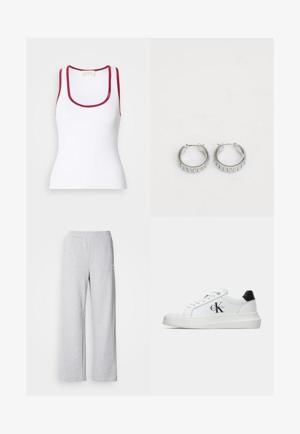 Bela prilegače majica iz rebrastega materiala, z okroglo ovratnikom in rdečimi dodatki ob robovih. Vključena podrobnost z logotipom Calvin Klein.; Svete sivi trenerci s širokim krojem, elastičnim pojasom in suptilnim detaljima šivanja. Napravljeni su od mekog, prozračnog materijala.; Bele nizke superge z črnim hrbtnim delom, platformo, vezalkami in Calvin Klein "CK" logotipom na strani.; Srebrni obroči s teksturiranim dizajnom, ki vsebuje navpične rebraste vzorce. Krožna oblika z varnim zapiranjem na zaponko. Gladek zaključek.