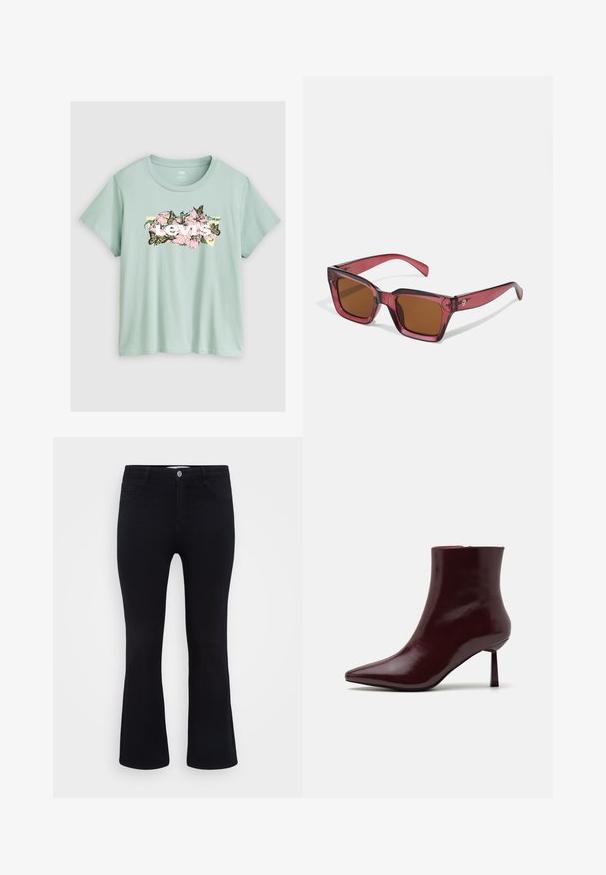 Gai zaļi, īsām piedurknēm T-krekls, izgatavots no kokvilnas. Tam ir ziedu dizains ar rozā ziediem un tauriņiem, kā arī balta "Levi's" logo.; ONLY Carmakoma CARTHUNDER PUSH UP - Džinsi ar paplatinātiem galiem - black denim; Burgundijas lakota ādas potīšu zābaciņi ar smailu purngalu un šauru stiletto papēdi, kas izceļas ar gludu, spīdīgu tekstūru un minimālistisku dizainu.; Sarkaniņi kvadrātveida saulesbrilles ar brūnām lēcām. Izgatavotas no caurspīdīgas plastmasas. Izceļas ar izteiktu stūra dizainu un smalku zīmolu uz tempļa.