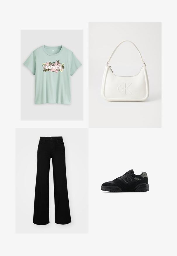 Light green, short-sleeve t-shirt made of cotton. Features a floral design with pink flowers and butterflies, and a white "Levi's" logo.; Black wide-leg pants made of denim, featuring a structured waistband, belt loops, and front pockets. Smooth texture with a classic design.; Black low-top sneaker with textured sole, lace-up design, suede panels, and patterned accents on heel and side logo.; White leather handbag with a curved shape, featuring an embossed "CK" logo on the front and a single shoulder strap. Zipper closure at top.