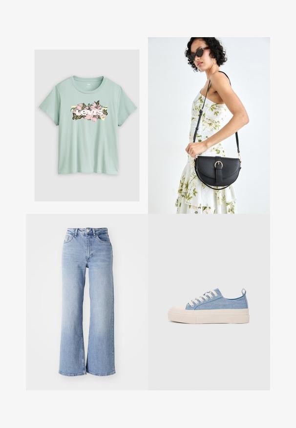 Svetlo zelena majica s kratkimi rokavi iz bombaža. Ima cvetlični vzorec z rožami v rožnati barvi in metulji ter belim logotipom "Levi's".; Svijetloplave traperice visokog struka, širokih nogavica, s prednjim i stražnjim džepovima, kopčanjem na dugme i suptilnim izblješnjenjem na bedrima i rubovima.; Svetlo modri platneni športni copati z kremnim gumijastim zaščitnikom na prstih in podplatom, z belimi vezalkami in zanko na peti.; Črna usnjena torbica s ukrivljeno obliko, z odstranljivo naramnico in zlatimi dodatki. Torbica ima pokrov s podrobnostmi v obliki zaponke.