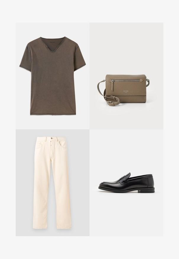 Bela kratka majica s kratkimi rokavi in V-izrezom, štirimi dekorativnimi gumbi blizu vratu in kontrastnim šivom ob robovih.; Svijetlosmeđe traperice s ravnim nogavicama, pet džepova i prednjim zatvaranjem na gumb. Šavovi su vidljivi duž šavova.; Črne usnjene loafer čevlje z gladko teksturo, zaobljenim nosom in dekorativnim trakom čez zgornji del. Nizka zložena peta, minimalističen dizajn.; Taupe usnjena torbica čez ramo z zadrgo na sprednjem žepu, nastavljivim trakom, teksturo drobnega špaga in embosiranim logotipom spredaj.