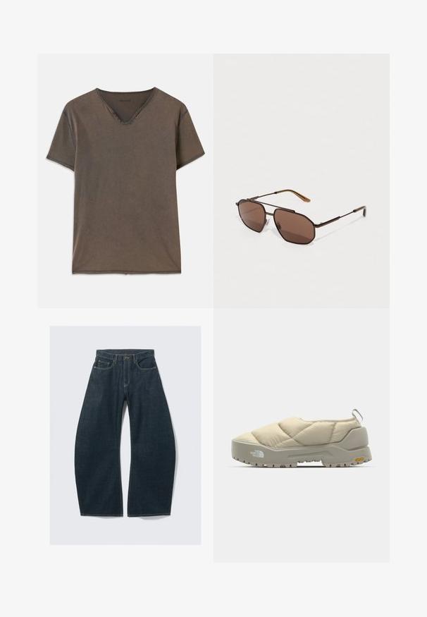 Barna, rövid ujjú póló V nyakkal, négy díszegg gombbal a nyak körül és kontrasztos varrással a szélek mentén.; Sötétkék, bőszárú farmernadrág, öt zsebbel, látható varrással, gombos záródással és tiszta kivitelezéssel.; Quilted bézs slip-on cipő szürke Vibram talppal, lekerekített formával és hátsó hurkkal. Az oldalán logóval és texturált felsőrésszel rendelkezik.; Barna nyolcszögletű napszemüveg vékony fekete fém kerettel, barna szárakkal kiemelve. Sötét árnyalatú lencsék UV-védelmet nyújtanak.