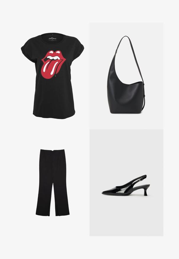 Crna majica koja je izrađena od pamuka, na prednjoj strani sadrži crvenu i bijelu grafiku logotipa Rolling Stones-a u obliku usana i jezika. Okrugli izrez.; Crne hlače ravnog kroja, s prednjim džepovima i bočnim prorezima na rubu. Izrađene od mekog i glatkog materijala. Pogodne za razne prigode.; Crne lakirane slingback cipele s oštrim vrhom i niskom blok petom. Podešavanje kopče na gležnju.; Crna kožna hobo torba s glatkom teksturom, zakrivljenim oblikom i jednom podesivom trakicom; ima širok otvor na vrhu.