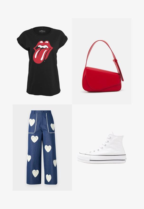 Schwarzes T-Shirt aus Baumwolle mit einem roten und weißen Rolling Stones-Logo, das Lippen und Zunge auf der Vorderseite zeigt. Rundhalsausschnitt.; Sister Jane HEART TO HEART - Jeans Straight Leg - blue denim; Weiße hochwertige Leinensneaker mit schwarzer Gummisohle, vorderem Gummizehenschutz und sechs Ösen für Schnürsenkel, die ein sauberes, minimalistisches Design aufweisen.; Rote Lederhandtasche mit einem kantigen, geometrischen Design. Verfügt über einen verstellbaren Schulterriemen und einen Klappenverschluss mit genähten Details.