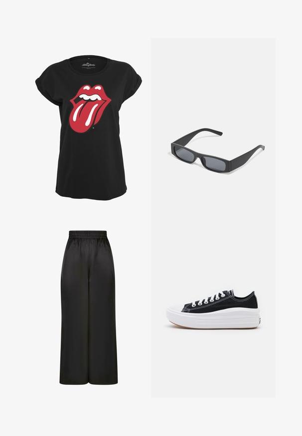 Juodas medvilninis marškinėlis su raudonu ir baltu Rolling Stones logotipu, vaizduojančiu lūpas ir liežuvį, ant priekio. Apskritas kaklo iškirpimas.; Juodos plačios kelnės, pagamintos iš lygaus, blizgaus audinio, su elastinga juosmens juosta ir be matomų kišenių ar aparatūros detalių.; Juodi drobės sportbačiai su baltais raišteliais, balta guma ant pirštų ir masyvi balta vidurine dalimi. Yra subtilių baltų siūlių ir guminis padas.; Juodos stačiakampės saulės akinių su tamsiais lęšiais ir storais matiniais rėmeliais. Rėmelio kojos šiek tiek siaurėja ir turi lygią tekstūrą.