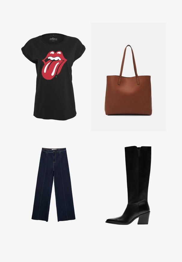 Mustat puuvillapaita, jossa on etupuolella punainen ja valkoinen Rolling Stones -logografiikka, jossa on huulet ja kieli. Pyöreä kaula-aukko.; Tumma farkut, joissa on leveät lahkeet, kontrastivärinen ommel, korkea vyötärö ja suora leikkaus. Ominaisuuksiin kuuluvat etutaskut ja klassinen nappikiinnitys.; Mustat polvimittaiset saappaat, jotka on valmistettu sileästä nahasta. Saappaissa on terävä kärki, tukevat korko ja V-muotoinen leikkaus ylhäällä.; Ruskea nahkainen olkalaukku, jossa on sileä pinta, avoin yläosa ja kaksi olkahihnaa. Omaavat vain minimaalisen ompelun eikä näkyvää metalliosaa.