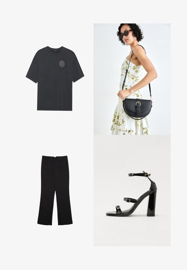 Tamno siva pamučna majica s okruglim izrezom i kratkim rukavima, s grafikom sunca u bijeloj boji na lijevoj strani prsnog područja.; Crne hlače ravnog kroja, s prednjim džepovima i bočnim prorezima na rubu. Izrađene od mekog i glatkog materijala. Pogodne za razne prigode.; Crne lakirane sandale na visoku petu s dva remena s kopčama, kvadratnim vrhom i masivnom blok petom, s glatkom, sjajnom teksturom.; Crna kožna torba s lukovitim oblikom, odvojivim remenom i zlatnim detaljima. Torba ima preklop s kopčom.