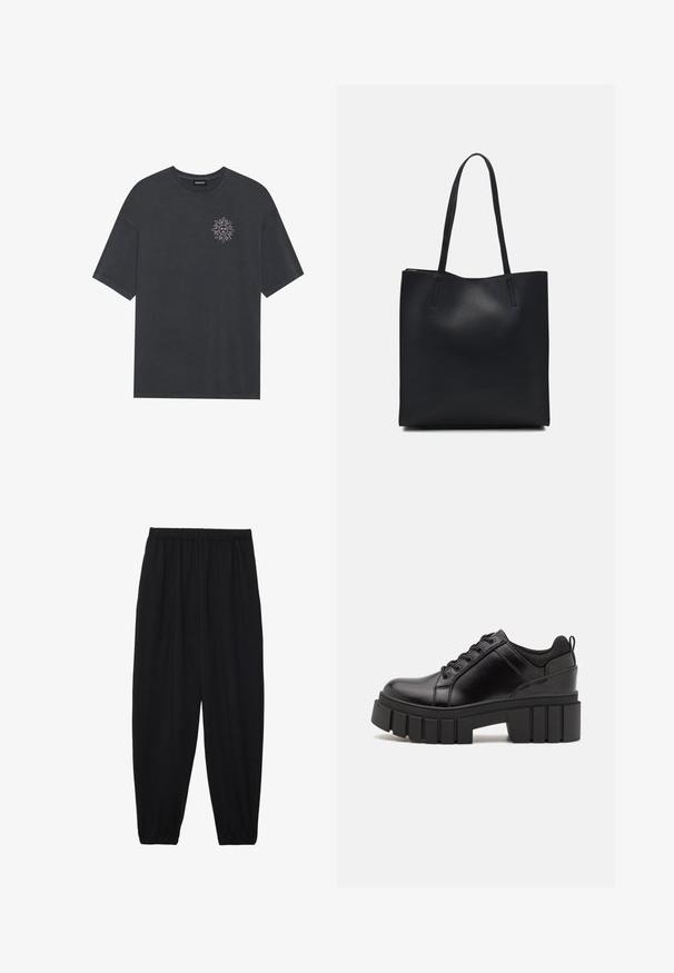 Tricou din bumbac gri închis, cu guler rotund și mâneci scurte, având un grafic cu soare alb pe zona stângă a pieptului.; Pantaloni negri, ușori, cu un brâu elastic și tivuri strânse. Materialul este neted și are un design relaxat, conic.; Pantofi cu talpă plată din piele neagră, cu toc gros, vârf rotund și design tradițional cu șireturi. Prezintă o textură netedă și detalii minime.; Geantă tote neagră din piele, cu textură netedă, formă rectangulară și două mânere lungi. Fără hardware vizibil sau ornamente.