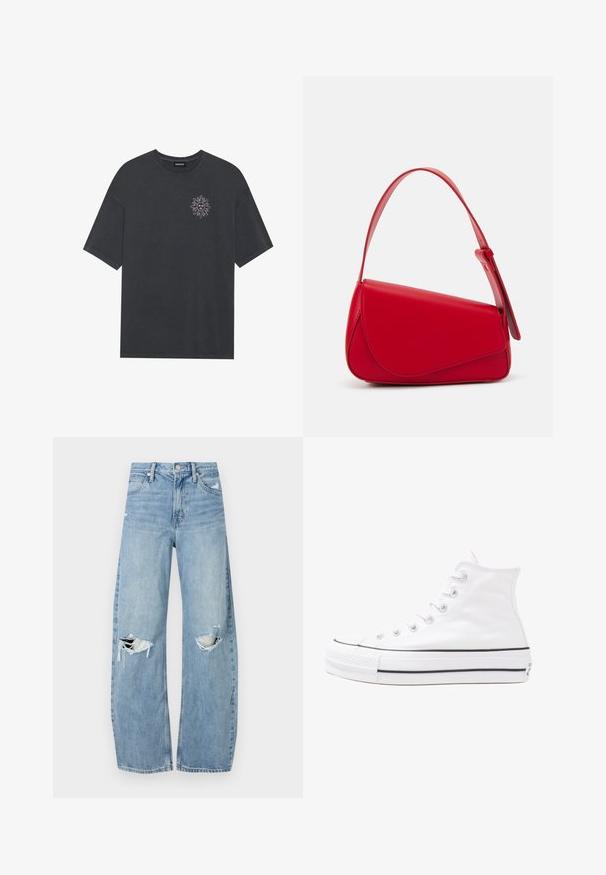 Camiseta de algodón gris oscuro con cuello redondo y mangas cortas, con un gráfico de sol en blanco en la parte izquierda del pecho.; Vaqueros de mezclilla de tiro alto en azul claro. Tienen piernas anchas, dos áreas desgastadas en las rodillas y un estilo clásico de cinco bolsillos.; Zapatilla de lona alta blanca con suela de goma negra, puntera de goma frontal y seis ojetes para los cordones, que presenta un diseño limpio y minimalista.; Bolso de cuero rojo con un diseño angular y geométrico. Cuenta con una única correa ajustable y un cierre de solapa con detalles de costura.