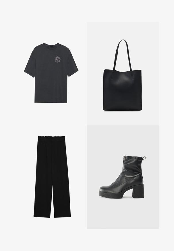 Tmavošedé bavlnené tričko s okrúhlym výstrihom a krátkymi rukávmi, s bielou grafikou slnka na ľavej strane hrudníka.; Čierne široké nohavice s volánovým pásom, obsahujúce dve bočné vrecká a hladký, ľahký materiál. Žiadne viditeľné vzory ani kovové príslušenstvo.; Čierne členkové topánky z hladkej kože, so bočným zipsom, robustnou textúrovanou pätnou časťou a zaobleným dizajnom špičky.; Čierna kožená taška na rameno s hladkým povrchom, obdĺžnikovým tvarom a dvoma dlhými uchami. Bez viditeľného kovania alebo ozdôb.