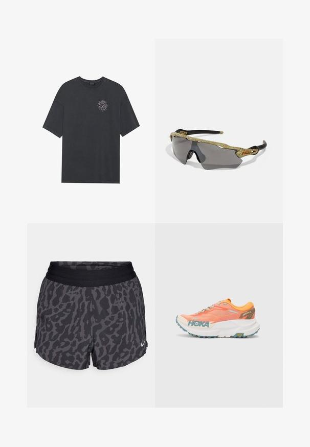 Tumehall puuvillane T-särk, millel on ümar kaelus ja lühikesed varrukad, vasakul rinnaäärsel alal valge päikesemotiiv.; Mustade ja hallide leopardimustriga lühikesed püksid, millel on lai elastne vöökoht, õrna läikega ning väikese valge Nike logo alumises paremas nurgas.; Kollane ja roosa jooksujalats, millel on silmaga pealmine osa, valge vaheosa, Vibrami välistald ja helesinised aktsendid. Küljes on HOKA brändimine.; Spordiprillid rohelise mustriga raami, mustade käepidemete ja hallide läätsedega. Disain sisaldab ümber pead kulgevat stiili ja julget, sportlikku kuju.