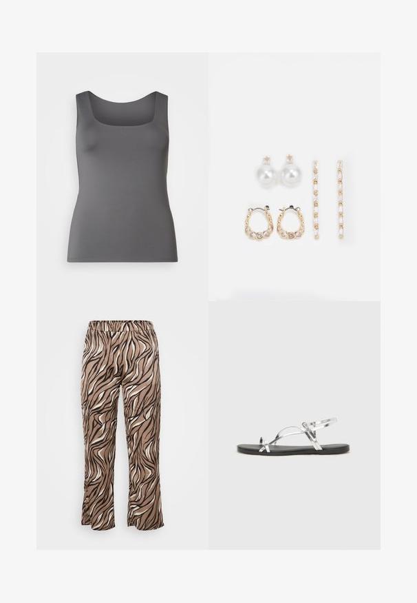 Pilkas tankų marškinėliai su kvadratiniu apykaklės iškirpimu. Pagaminti iš lygaus audinio, turi priglundantį siluetą ir plačias petnešas.; Rudos ir kreminius zebro rašto kelnes su elastingu juosmeniu, plačiomis kojomis ir lygiu audinio paviršiumi.; Sidabriniai metaliniai sandalai su minimalistiniu dizainu, turintys plonas dirželius ir juodą plokščią padą. Išskirtinai pabrėžiami kryžminiai dirželių akcentai.; Trys auskarų poros: dideli balti perlų studai, auksinės auskarai su skaidriais brangakmeniais ir du ilgi tiesūs auksiniai akcentų auskarai su blizgančiomis detalėmis.