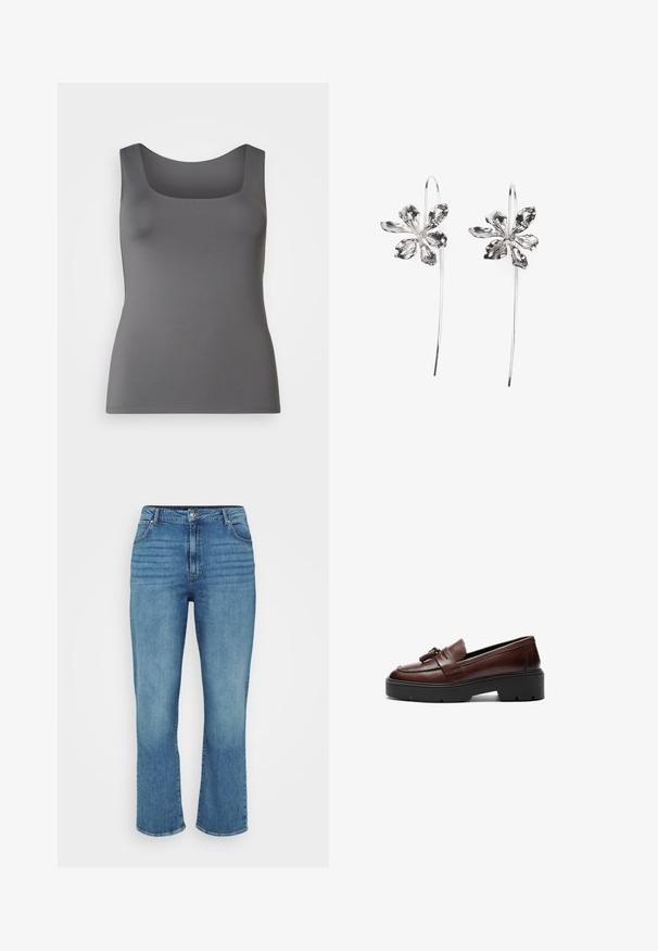 Top cinza com decote quadrado. Feito de um tecido suave, apresenta um silhueta ajustada e alças largas.; Jeans de ganga azul clara com um design de perna reta, apresentando cinco bolsos, passantes para cinto e um desbotado subtil na parte da frente.; Mocassim de couro castanho com um design elegante, sola plataforma preta em contraste e detalhe de franja decorativa no peito do pé. Textura suave.; Brincos em forma de flor prateados com um acabamento texturizado, apresentando ganchos longos e detalhes semelhantes a pétalas para um design intrincado.