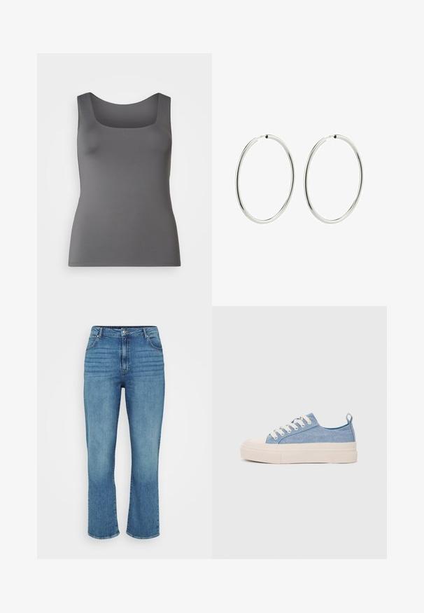 Top gris sin mangas con escote cuadrado. Hecho de una tela suave, presenta una silueta ceñida y tirantes anchos.; Jeans de mezclilla de color azul claro con un diseño de pierna recta, que cuentan con cinco bolsillos, pasadores para cinturón y un ligero desgaste en la parte delantera.; Zapatillas de lona azul claro con una puntera y suela de goma crema, que cuentan con cordones blancos y una lengüeta en el talón.; Pendientes de aro de plata con un acabado liso y pulido. Forma circular, ancho consistente, diseñados para un fácil cierre. Sencillos y elegantes.