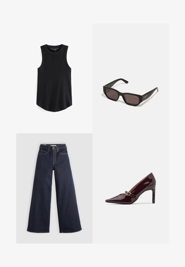 Černý bezramínkový top s žebrovanou texturou, kulatým výstřihem a zakřiveným lemem. Tkanina působí hladce a elasticky. Značková etiketa viditelná uvnitř.; Džínové kalhoty s širokými nohavicemi ve tmavě modré barvě s kontrastním prošíváním. Mají tradiční pětikapsový design a zapínání na knoflík v pase.; Patentní burgundské lodičky s špičatou špičkou, kotníkovým páskem se zlatou kovovou sponou a hladkým, lesklým povrchem. Vysoký jehlový podpatek.; Černé obdélníkové sluneční brýle s tmavými skly. Vybaveny hladkým plastovým rámečkem a detailem loga na spánku. Čistý, moderní design.; Burgundská kabelka vyrobená z umělého materiálu se strukturovaným designem, která má odnímatelný popruh a kroužek, na kterém je uvázaný šátek s květinovým vzorem.