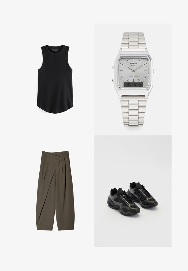 Black sleeveless tank top with a ribbed texture, round neckline, and a curved hem. Fabric appears smooth and stretchy. Brand label visible inside.; Wide-fit trousers in dark olive green fabric, featuring a pleated front design, a button closure, and a polished, textured surface.; Black athletic shoes with synthetic material, mesh accents, and rounded soles. Features lacing system and prominent Nike logo on tongue.; Silver Casio quartz watch with rectangular face, analog and digital displays, stainless steel bracelet, and water-resistant features.