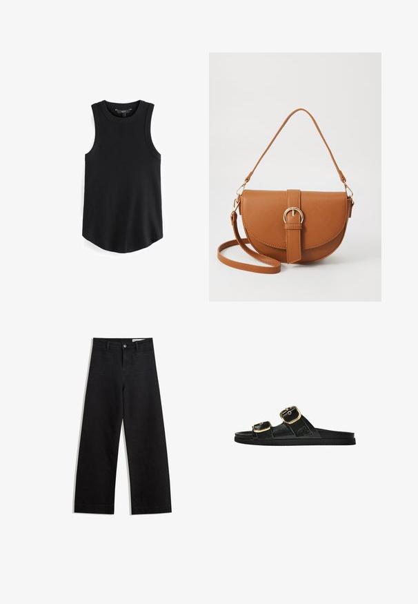 Schwarzes ärmelloses Tanktop mit gerippter Textur, rundem Ausschnitt und geschwungenem Saum. Der Stoff wirkt glatt und dehnbar. Markenlabel innen sichtbar.; Schwarze weit geschnittene Jeans mit hoher Taille, ausgestattet mit Vorder- und Hintertaschen, gesteppten Nähten und einem Knopfverschluss. Glatte Textur.; Schwarze Riemensandale mit zwei goldenen Schnallendetails, glattem Material, flachem Sohlen und minimalistischer Gestaltung.; Braune Leder-Crossbody-Tasche mit geschwungener Form, goldfarbenen Beschlägen und einer Schnallenakzentuierung. Verfügt über einen abnehmbaren Schultergurt.