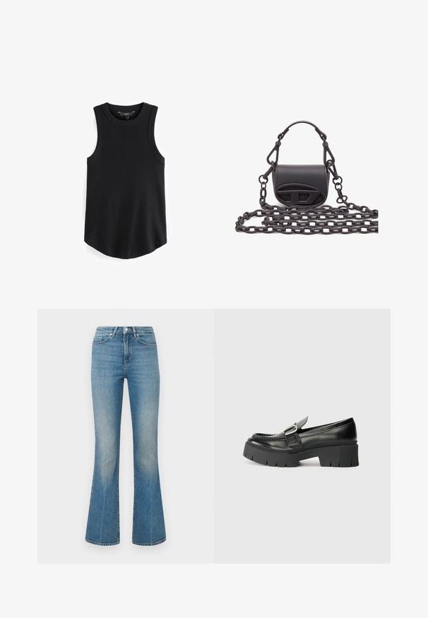 Sort ærmeløs tanktop med ribbet tekstur, rund halsudskæring og en buet søm. Stoffet ser glat og strækbart ud. Mærket label er synligt indeni.; Lys blå flagrende jeans lavet af denim. Indeholder en talje med en knap og et falmet vask, der snævrer ind til en bred kant ved anklerne.; Sorte læder loafers med en tyk gummisål. Har en spændeaccent og stikninger langs overdelen. Flad hæl.; Lille sort håndtaske lavet af glat læder, med en rund form, frontlogoaccent og en tekstureret kædestrop.