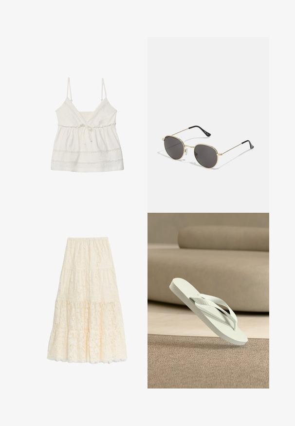 Weißes ärmelloses Oberteil mit verstellbaren Trägern, V-Ausschnitt, gerafftem Bund und dekorativer Spitze entlang des Saums und des Oberteils. Weicher Baumwollstoff.; Maxi-Rock aus weichem Elfenbein mit einem gestuften Design, gewelltem Saum, elastischem Bund und floralem Spitzenmuster.; Hellgrüne Gummi-Zehensandale mit strukturiertem Fußbett und dünnen Riemen, erhoben über einem weichen, neutral getönten Hintergrund.; Runde Sonnenbrillen mit dunklen Gläsern, dünnem goldfarbenem Metallrahmen, Kunststoff-Tempelenden und verstellbaren Nasenpads. Minimalistisches Design mit klassischem Look.